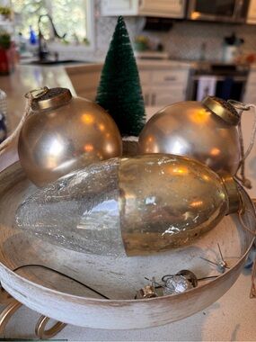 VTG Antique German Glass Kugel Christmas Ornament Trio Gold 3.5" & 6.5"